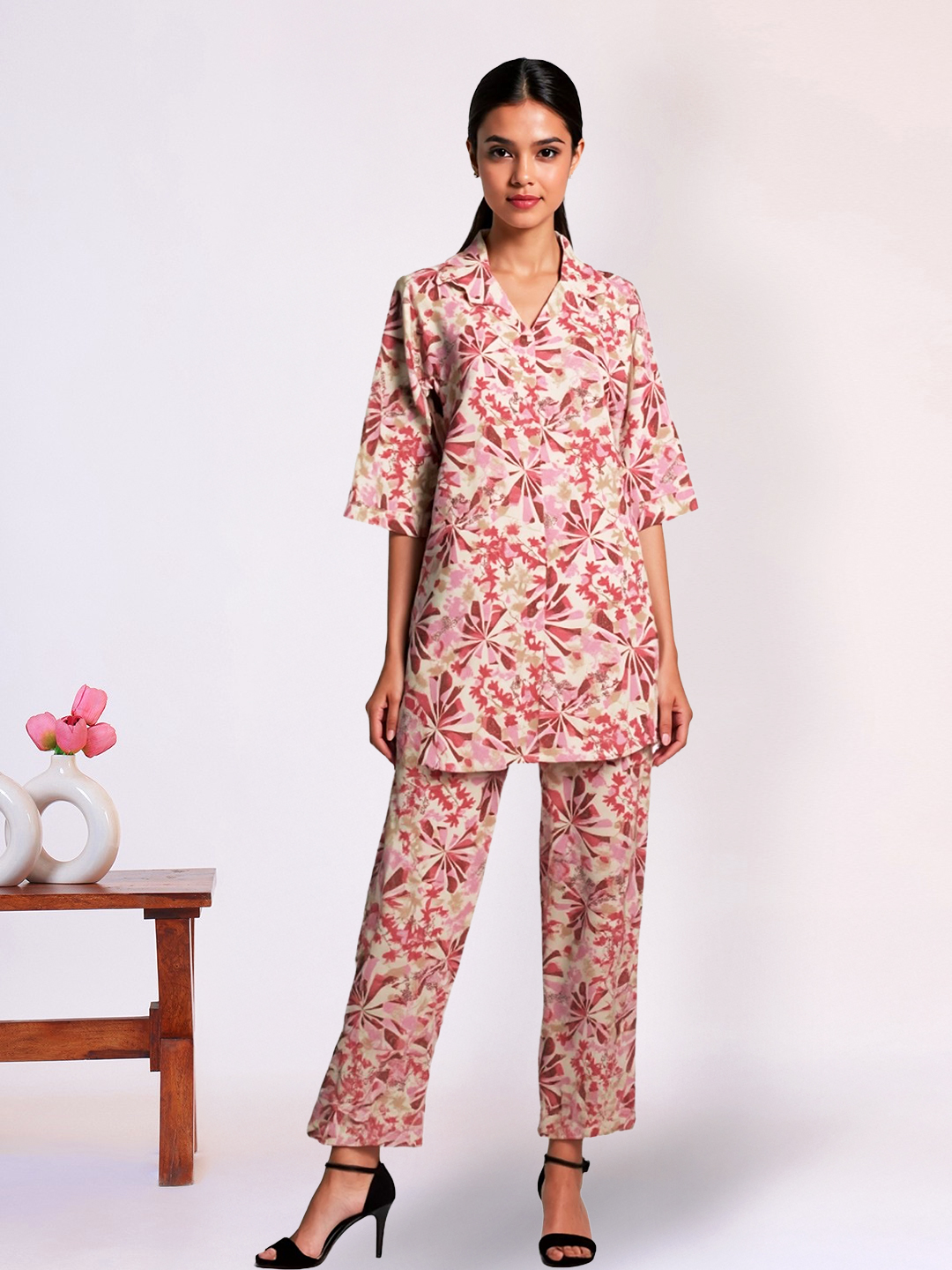 Picture of Floral Delight Printed Collar Top with Palazzo Co-Ord Set
